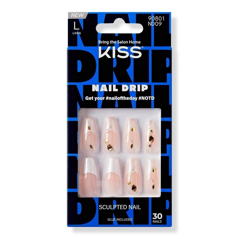 Kiss Nail Drip Gold Glue-On Fake Nails, Gold Jeweled Press On Manicure, Long